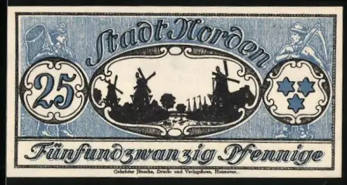 Notgeld Norden 1921, 25 Pfennig, Windmühlen und Stadtwappen mit Sternen