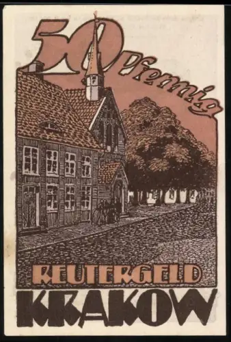 Notgeld Krakow i. M. 1922, 50 Pfennig, historische Gebäude und Kinderfigur mit Korb und Blumen