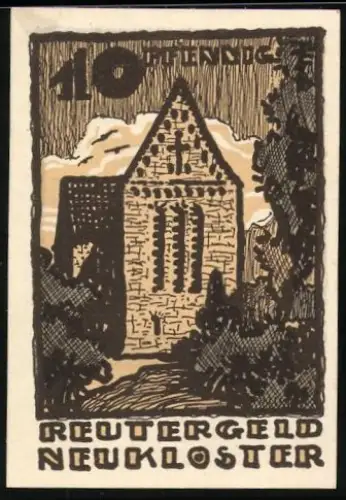 Notgeld Neukloster 1922, 10 Pfennig, Kirche und Landschaft mit Wolken und Gedicht
