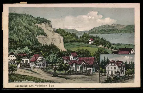 Künstler-AK Techelsberg am Wörther See, Töschling, Villa Agnes, Ortsansicht mit See und Bergen