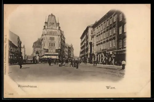 AK Wien, Alserstrasse, Strassenansicht mit Gabelung, Geschäftshäusern und Passanten