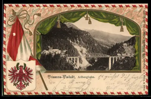 Lithographie Strengen, Trisanna-Viadukt der Arlbergbahn, Fenster mit Vorhang, Fahne, Wappen