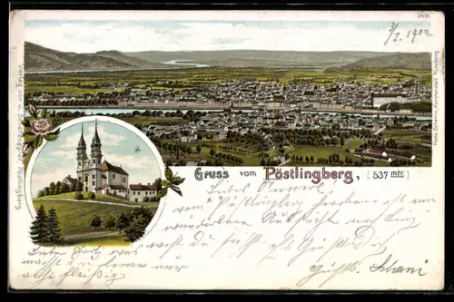 Lithographie Linz, Pöstlingberg, Partie mit Kirche, Panorama mit Donau aus der Vogelschau
