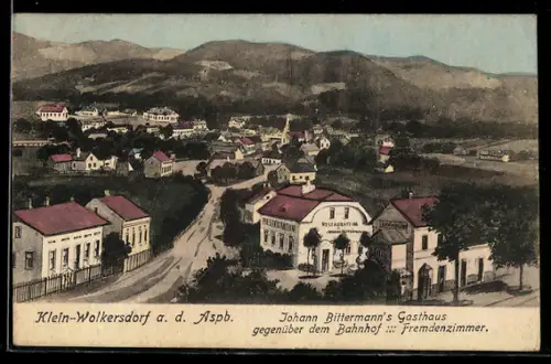 Künstler-AK Lanzenkirchen, Kleinwolkersdorf a. d. Aspangbahn, Johann Bittermanns Gasthaus und Ort aus der Vogelschau