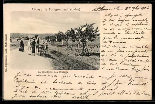 AK Fontgombault, Abbaye, La Cueillette des Cerises, Mönche arbeiten als Kirschenpflücker