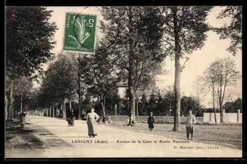 AK Lusigny /Aube, Avenue de la Gare et Route Nationale