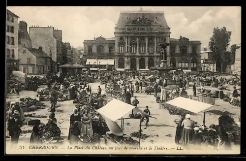 AK Cherbourg, La Place du Chateau et le Theatre un jour de marche