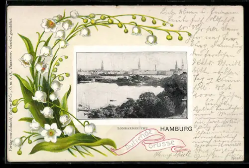Grusskarten-AK Hamburg, Partie an der Lombardbrücke, Maiglöckchen im Passepartout