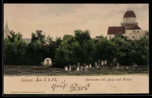 AK Lenzen, Panorama mit Burg und Kirche