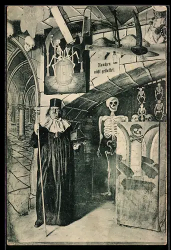AK Dresden, Katakomben des Gasthaus Dorf-Schänke, Kreuzstrasse 11 mit Skeletten und J. Linke als Rat