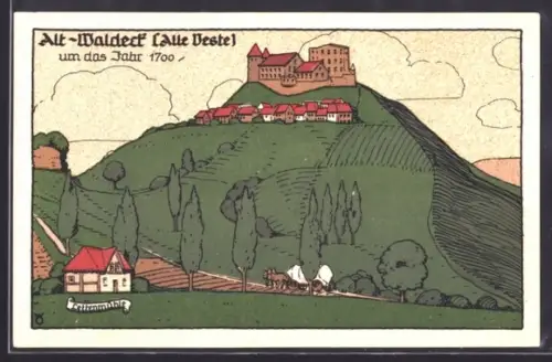Steindruck-AK Waldeck, Alt-Waldeck, Alte Veste und Ort um 1700, mit Lettenmühle