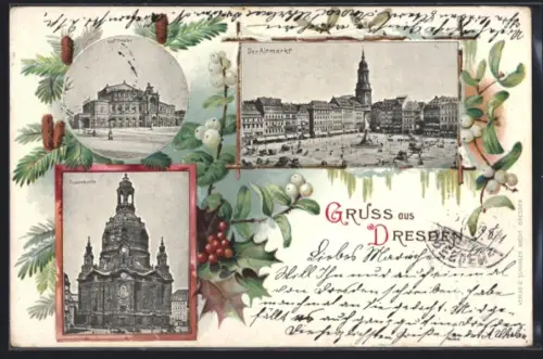 Lithographie Dresden, Altmarkt, Frauenkirche, Hoftheater