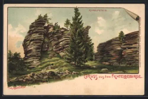 Künstler-AK Erwin Spindler: Rudolfstein /Fichtelgebirge, Rudolfstein, Felsenformationen