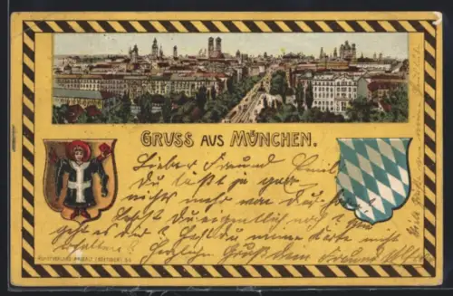 Lithographie München, Stadtpanorama mit Münchner Kindl und bayerischem Wappen