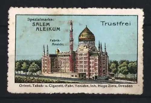 Reklamemarke Dresden, Spezialmarke Salem Aleikum, Orient. Tabak- u. Cigaretten-Fabrik Yenizde