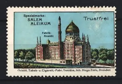 Reklamemarke Dresden, Salem Aleikum, Orient. Tabak- u. Cigaretten-Fabrik Yenizde