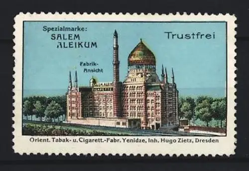 Reklamemarke Dresden, Salem Aleikum, Trustfrei Zigarette, Orient. Tabak- u. Cigaretten-Fabrik Yenizde