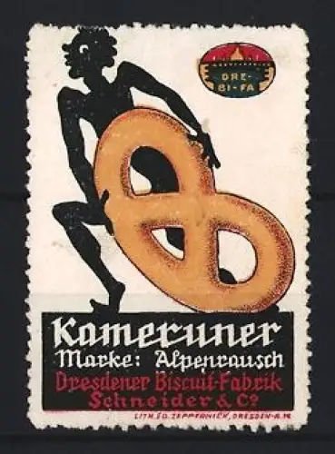 Reklamemarke Dresden, Kameruner Marke Alpenrausch, Dresdener Biscuit-Fabrik Schneider & Co.