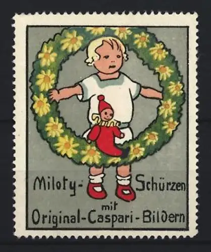 Reklamemarke Miloty-Schürzen, Kind mit Puppe und Blumenkranz