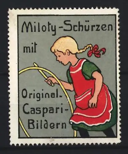 Reklamemarke Miloty-Schürzen mit Original-Caspari-Bildern, Spielendes Mädchen mit Reifen