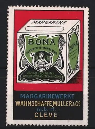 Reklamemarke Cleve, Bona, Margarinewerke Wahnschaffe, Müller & Co. mbH, Margarinepackung