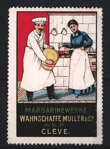 Reklamemarke Cleve, Margarinewerke Wahnschaffe Müller & Co., Bäcker und Köchin in der Küche