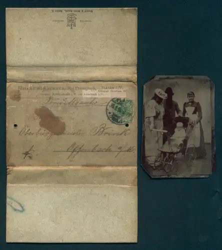 Fotografie Ferrotypie Heinrich Axtmann, Plauen i. V., Kinderwagen, m. Original Umschlag an Oberbürgermeister Brink, 1894