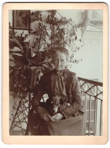 Fotografie unbekannter Fotograf und Ort, Ältere Frau mit Hund auf dem Schoss