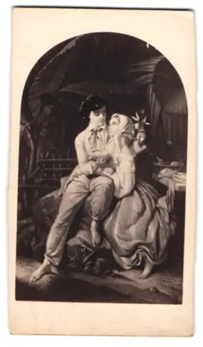 Fotografie unbekannter Fotograf und Ort, Romantische Szene im Garten, nach einem Gemälde