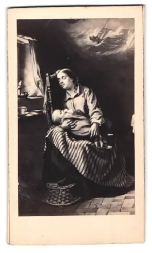 Fotografie unbekannter Fotograf und Ort, Mutter mit Kind in häuslicher Szene, nach einem Gemälde