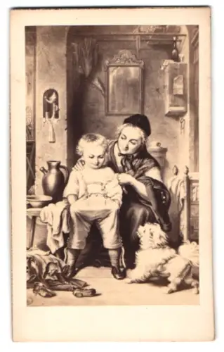 Fotografie unbekannter Fotograf und Ort, Mutter und Kind mit Hund in häuslicher Szene, nach einem Gemälde