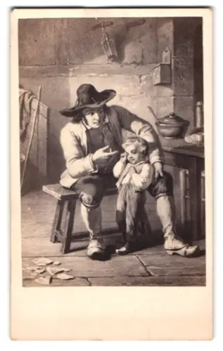 Fotografie unbekannter Fotograf und Ort, Mann mit Kind in rustikalem Innenraum, nach einem Gemälde