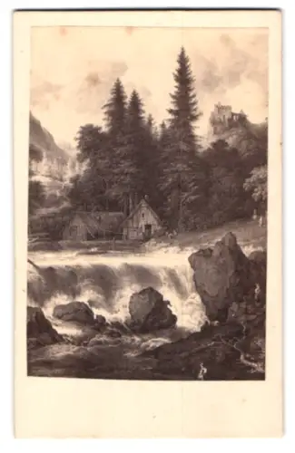 Fotografie unbekannter Fotograf und Ort, Darstellung einer malerischen Gebirgslandschaft, nach einem Gemälde