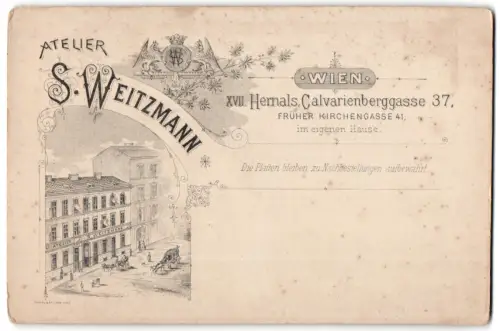 Fotografie S. Weitzmann, Wien, Calvarienberggasse 37, Ansicht Wien, Ansicht des Ateliers in filigraner Dekoration