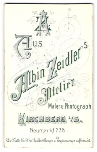Fotografie Albin Zeidler, Kirchberg i. S., Neumarkt 238, Monogramm des Fotografen, Schriftzug mit filigranen Linien