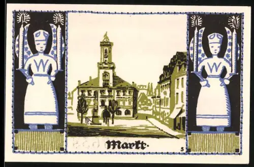 Notgeld Schneeberg 1921, 50 Pfennig, Ansicht vom Markt, Engelsfiguren mit Wappen