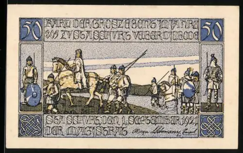 Notgeld Stassfurt 1921, 50 Pfennig, Karl der Grosse mit Soldaten im Jahre 805 und Stadtwappen mit Mann