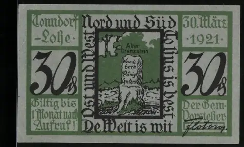 Notgeld Tonndorf /Lohe 1921, 50 Pfennig, Alter Grenzstein mit Inschrift und Spruchband