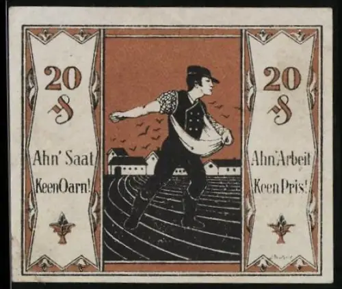 Notgeld Tonndorf /Lohe 1921, 20 Pfennig, Bauer beim Säen, Getreidegarben und Landwirtschaftsmotive