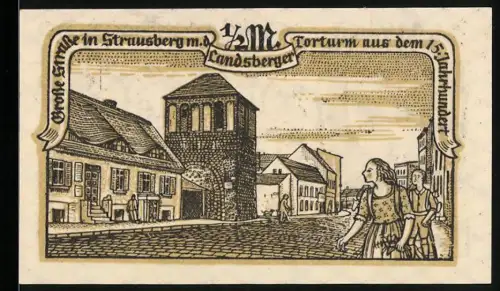 Notgeld Strausberg 1921, 50 Peffnig, Landsberger Torturm us dem 15. Jhd. und Stadtwappen mit Strauss