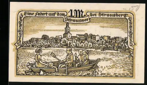 Notgeld Strausberg 1921, 1 Mark, Bootsfahrt auf dem Straussee, Ortsansicht, Wappen mit Strauss