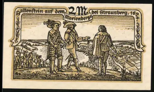 Notgeld Strausberg 1921, 2 Mark, Wallenstein auf dem Marienberge und Landschaft mit Wappen