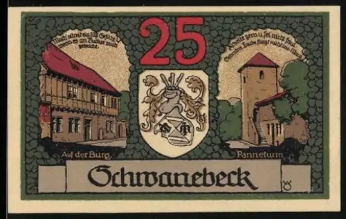 Notgeld Schwanebeck 1921, 25 Pfennig, Partie auf der Burg und Panneturm mit Wappen