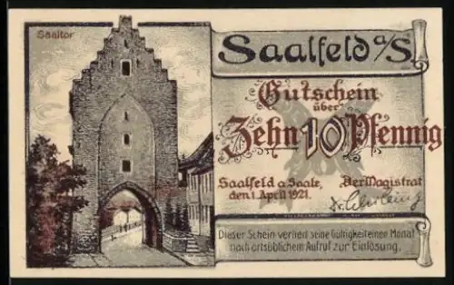 Notgeld Saalfeld /Saale 1921, 10 Pfennig, Saaltor und Brücke über die Saale, Blick auf den Kulmberg