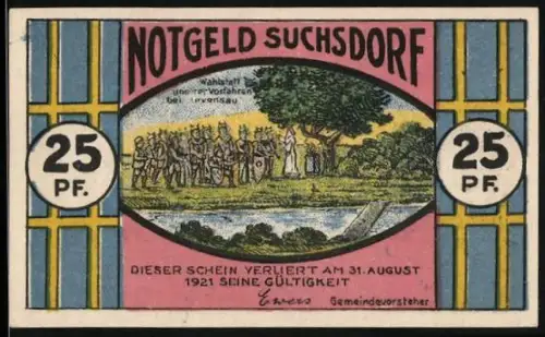 Notgeld Suchsdorf 1921, 25 Pf, Wahlstatt der Vorfahren bei Levensau, Windmühle