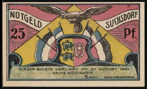 Notgeld Suchsdorf 1921, 25 Pf, Adler, Fahnen und Spaziergänger auf Allee mit Baumreihen