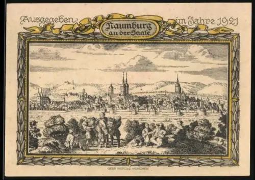 Notgeld Naumburg a. d. Saale 1921, 75 Pfennig, Ortsansicht und Wappen mit Schlüssel und Schwert