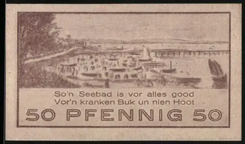 Notgeld Niendorf 1921, 50 Pfennig, Seebad mit Booten und Landschaft