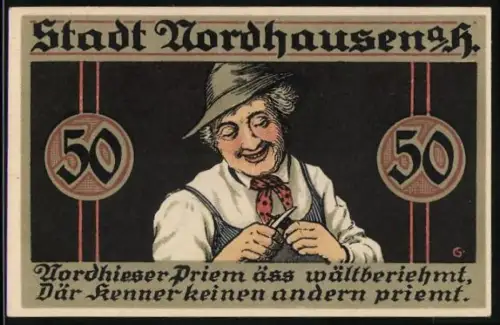 Notgeld Nordhausen a. H. 1921, 50 Pfennig, Nordhauser Priem ist weltberühmt, Stadtwappen