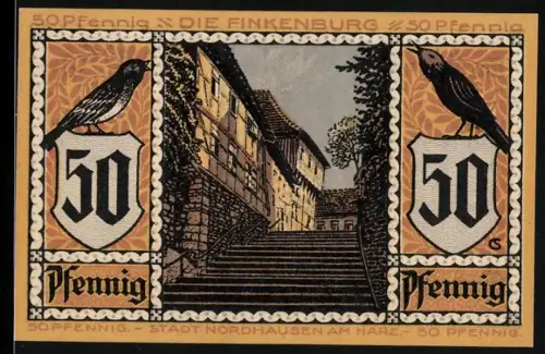 Notgeld Nordhausen a. H. 1921, 50 Pfennig, Finkenburg und Roland-Statue